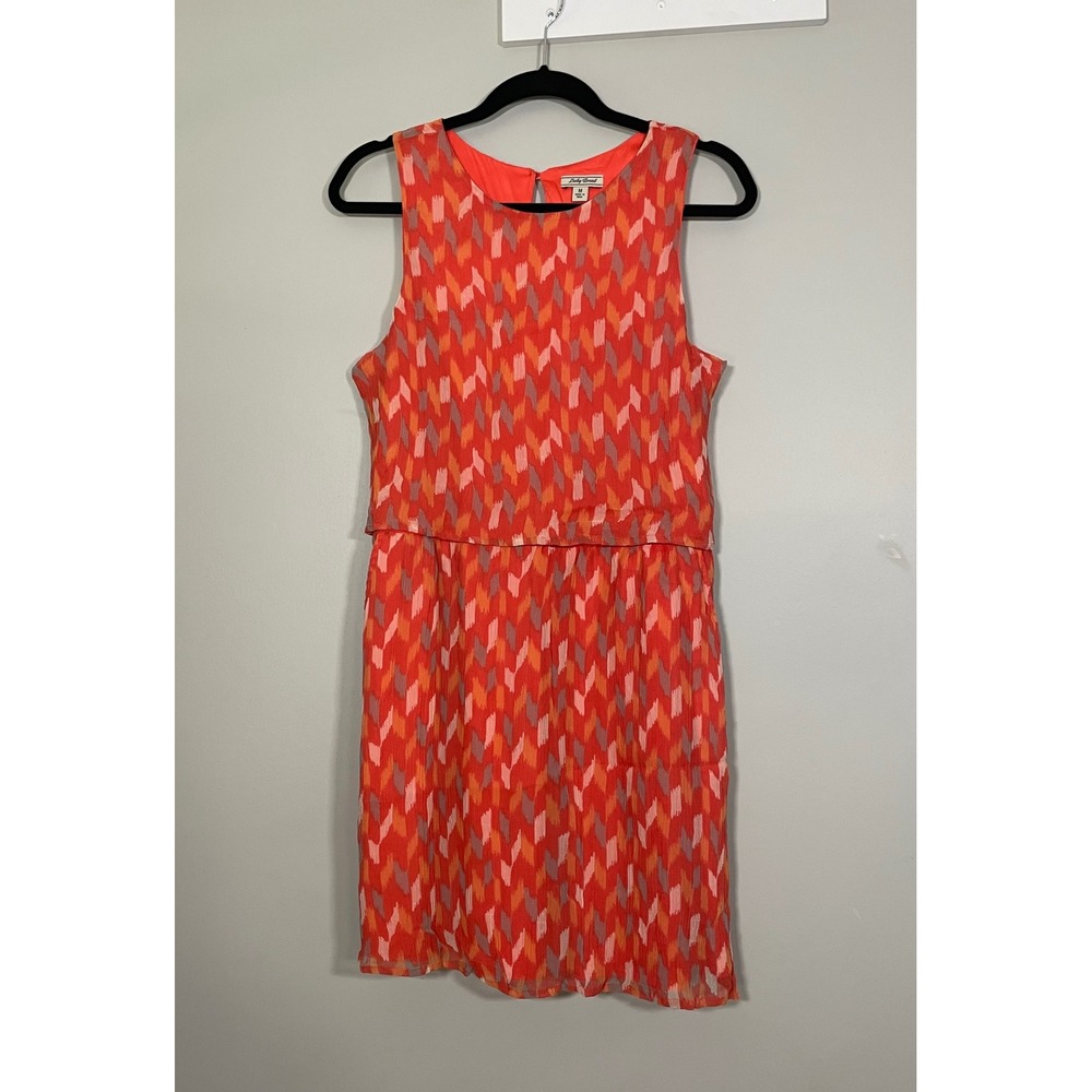Lucky Brand Popover Dress Womens Medium Orange Ikat Chevron Sleeveless Excellent